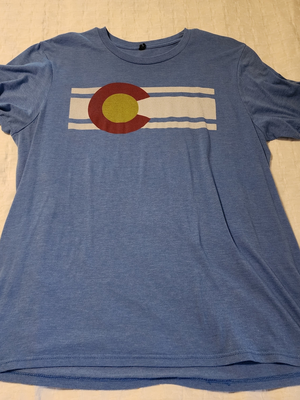Source Unknown Blue Graphic Tee with Red and Yellow Emblem